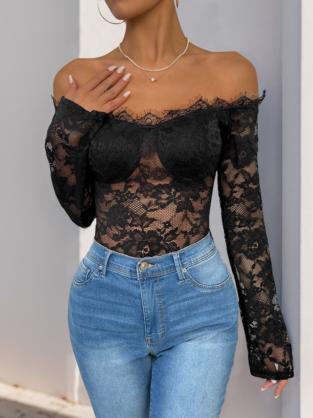 Womens Perfee Lace Off-Shoulder Long Sleeve Bodysuit (S-XL)