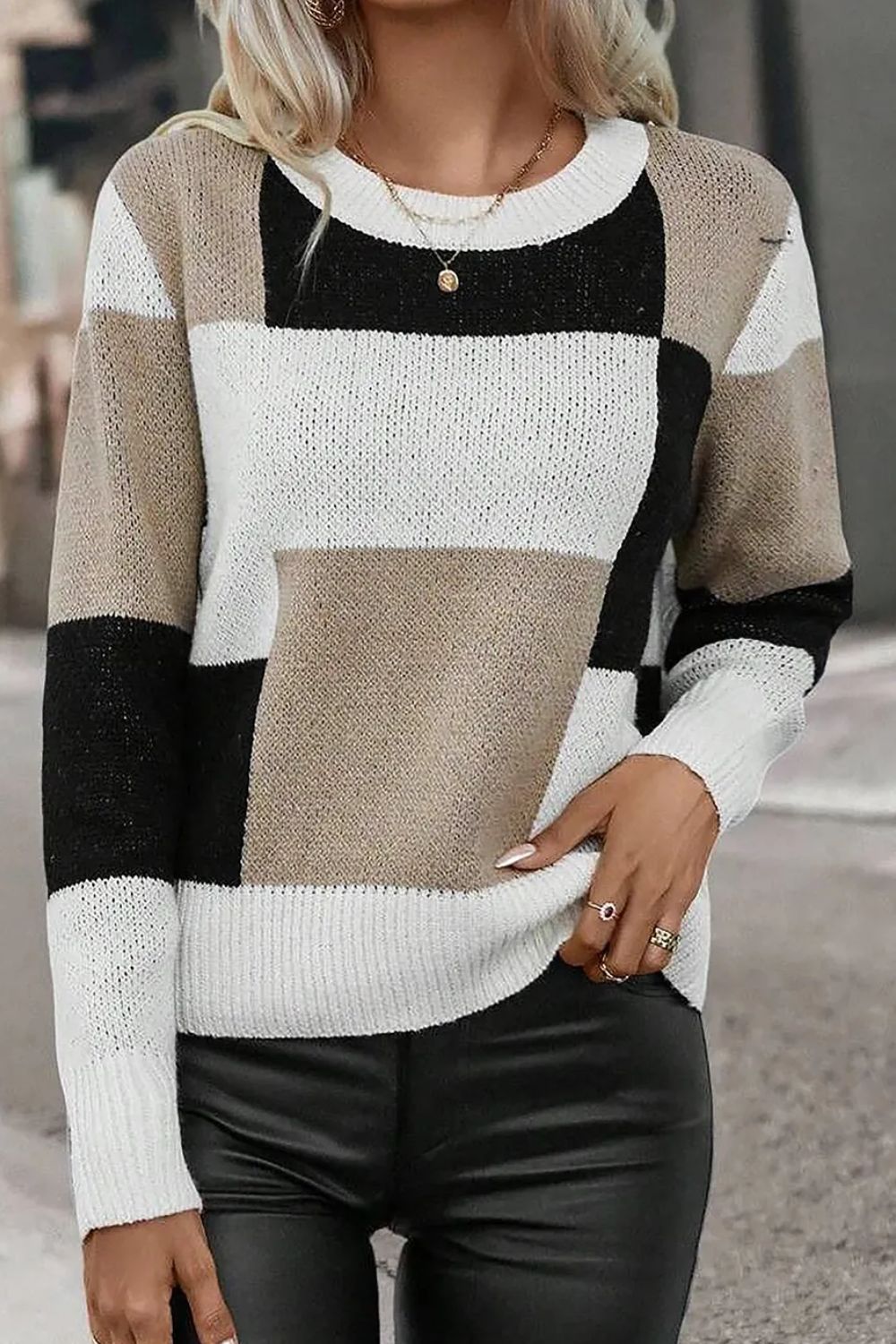 Womens Color Block Round Neck Long Sleeve Sweater (S-XL)