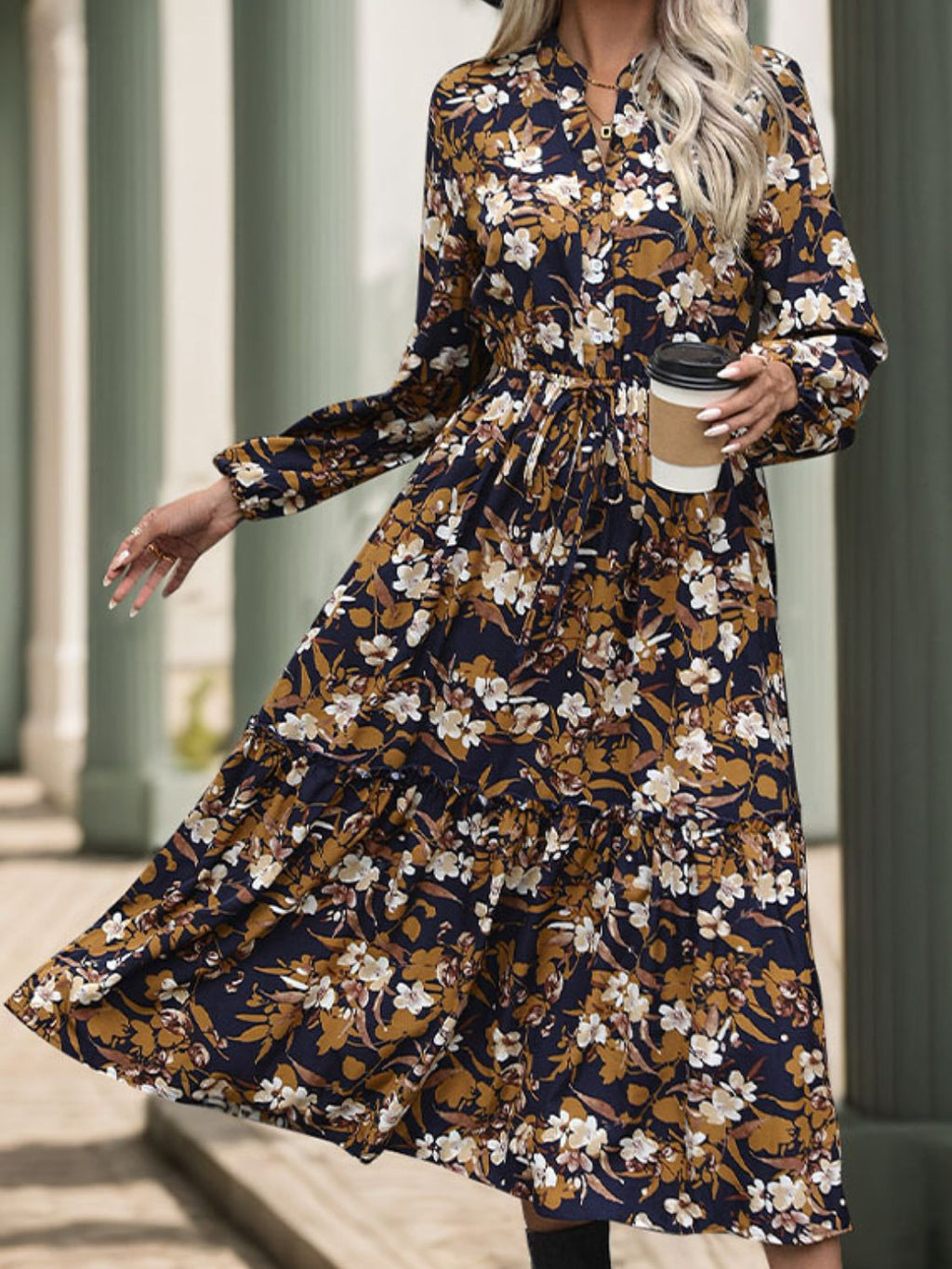 Womens Perfee Printed Notched Long Sleeve Midi Dress (S-XL)