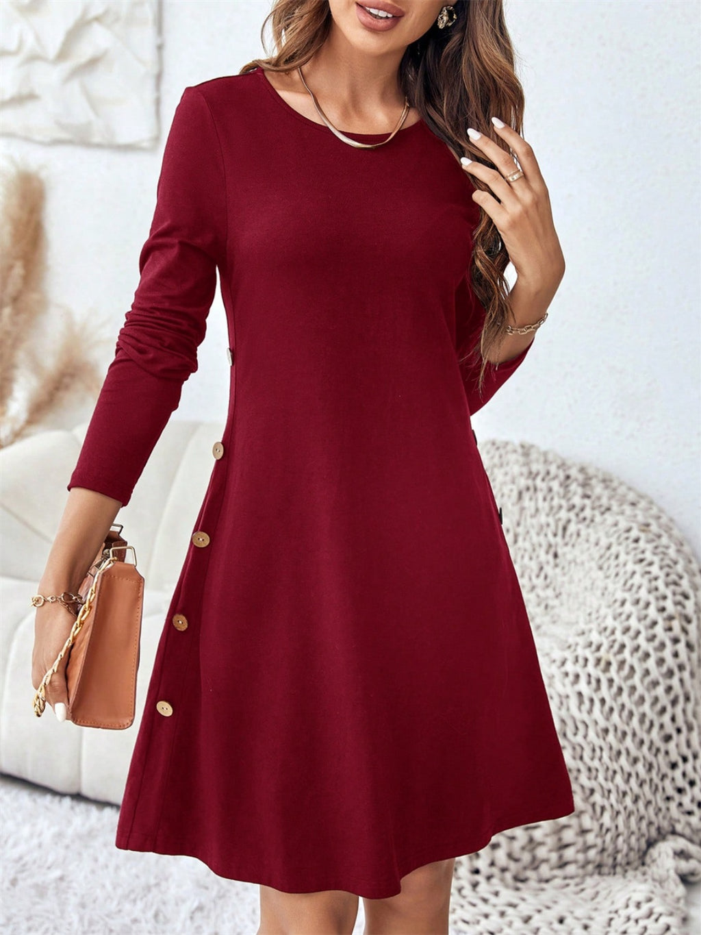 Womens Round Neck Long Sleeve Mini Dress with Pockets (S-XL)