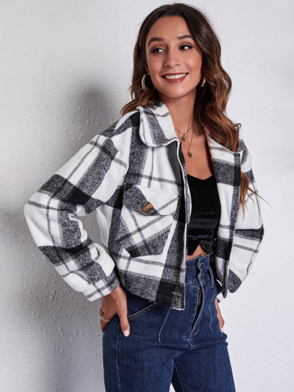 Womens Plaid Button Front Jacket with Pockets (S-XL)