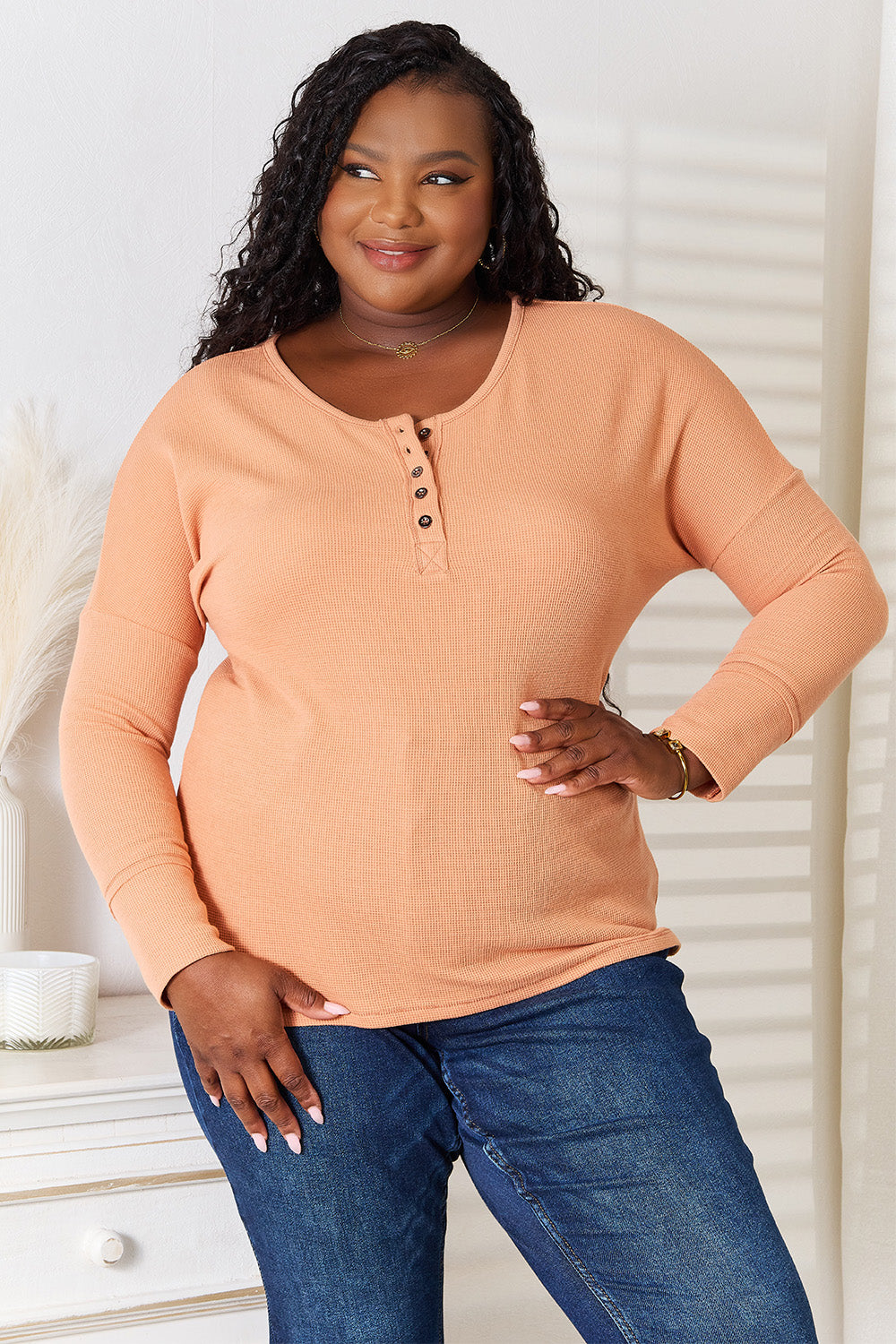 Womens Basic Bae Half Button Long Sleeve Top (S-2XL)