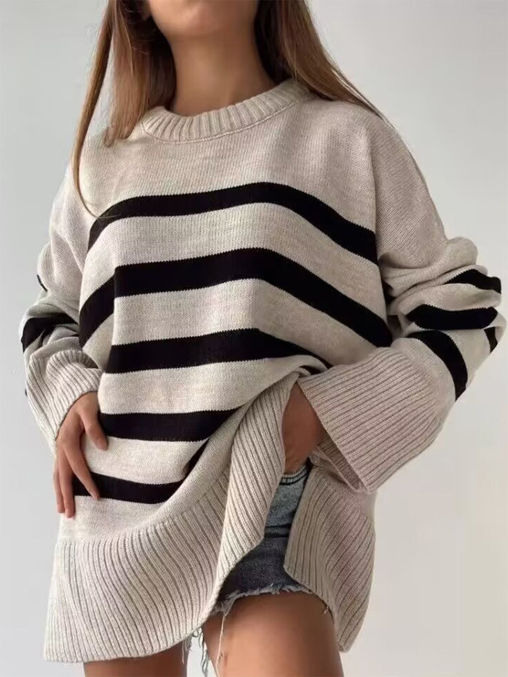 Womens Slit Striped Round Neck Sweater (S,M,L)