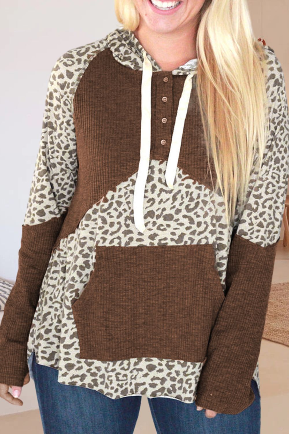 Womens Drawstring Leopard Long Sleeve Hoodie (S-XL)