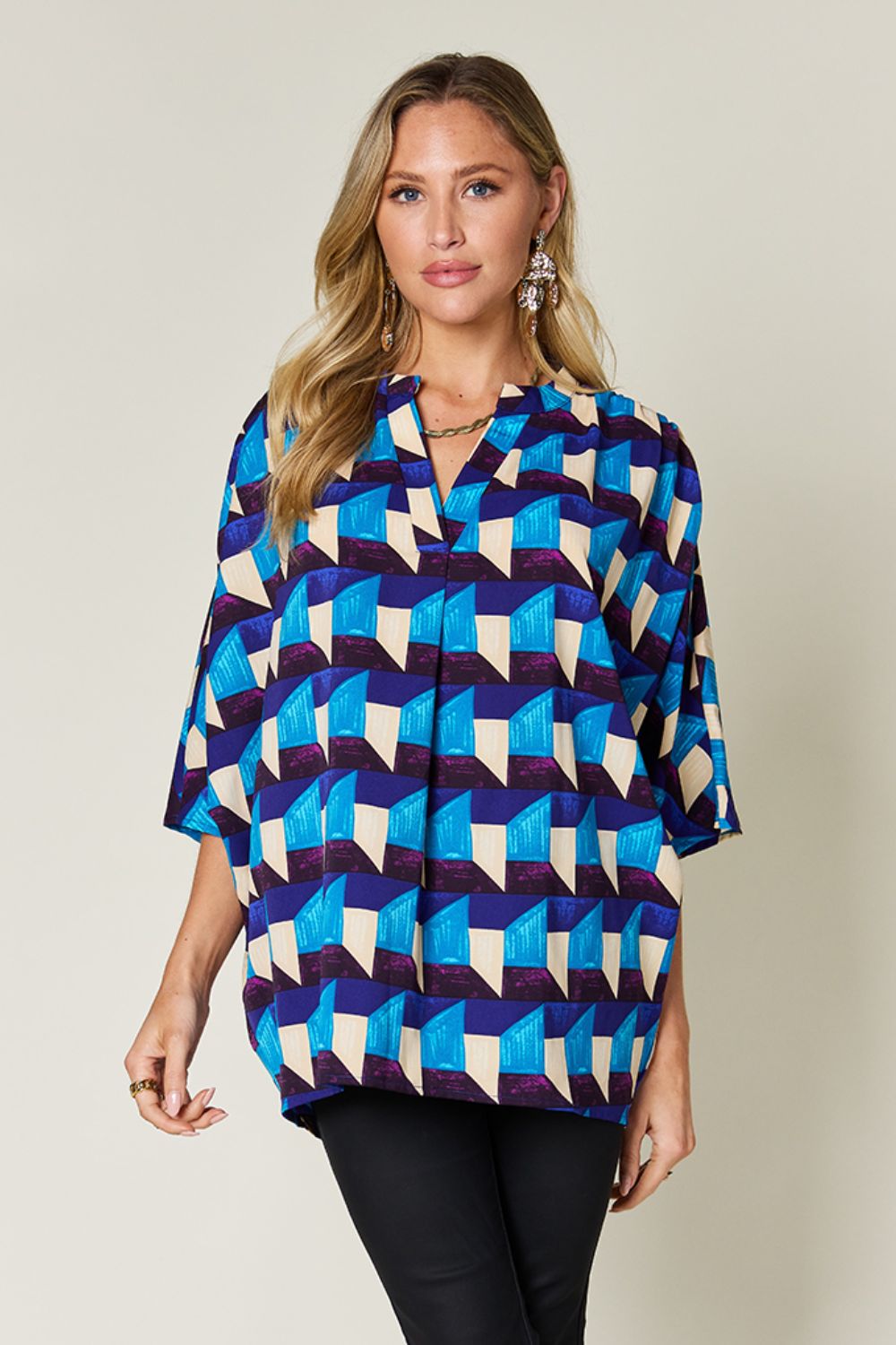 Womens Plus Double Take Full Size Geometric Notched Half Sleeve Blouse (S-3XL)