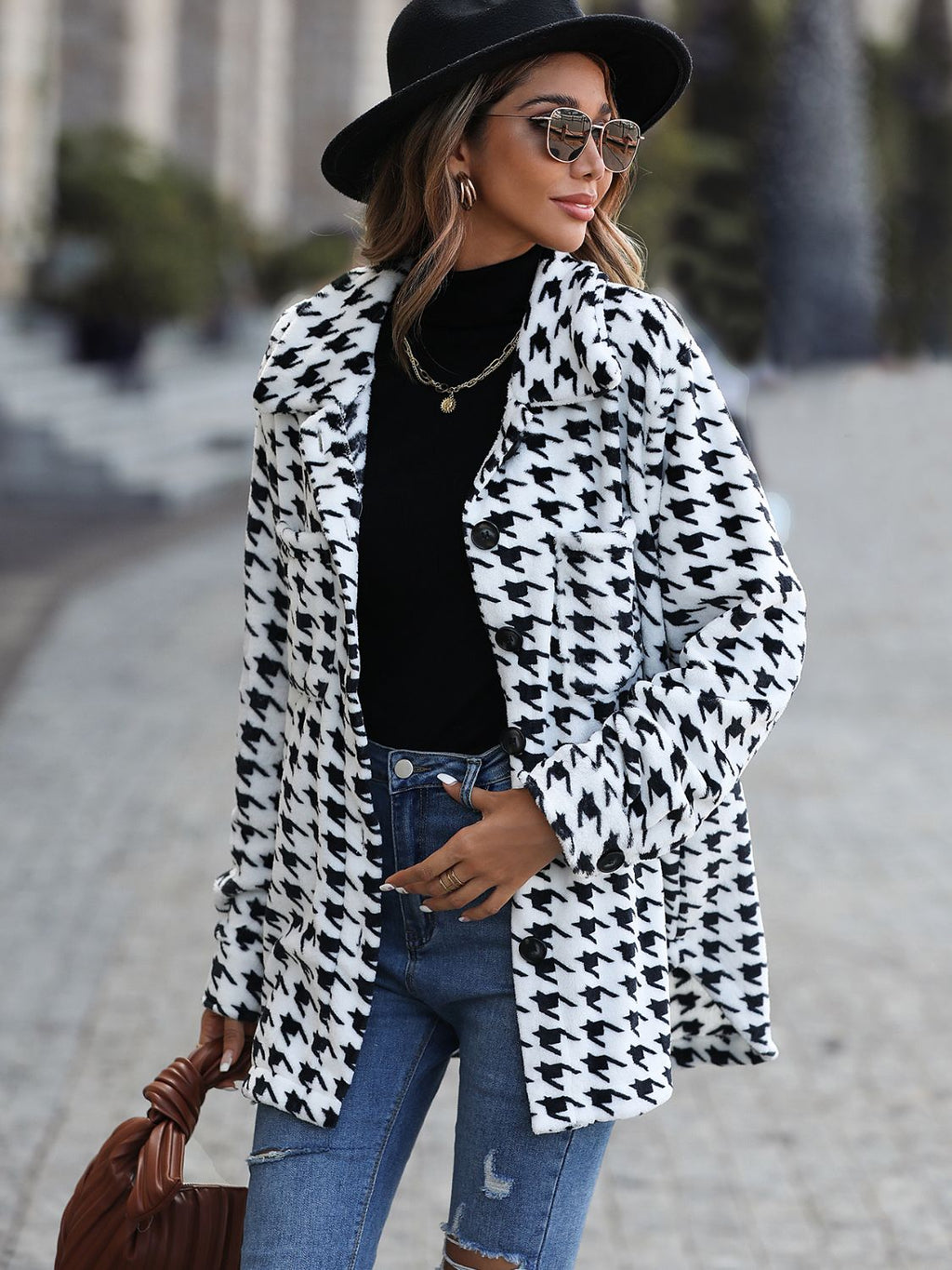 Womens Houndstooth Button Down Jacket (S-XL)