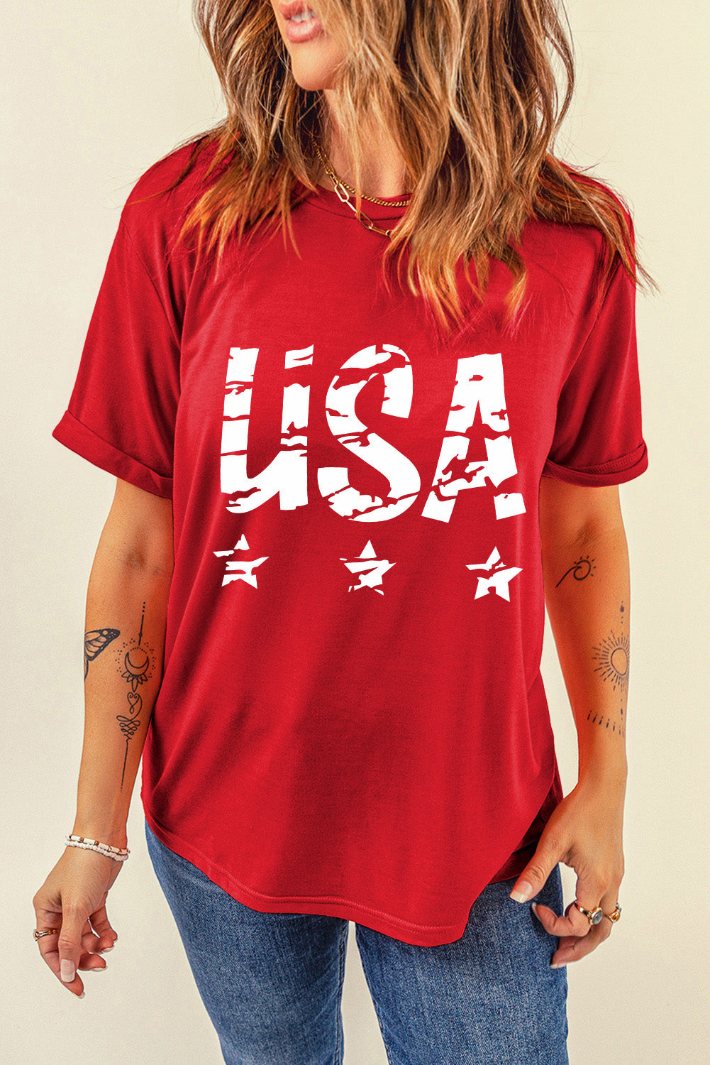 Womens USA Round Neck Short Sleeve T-Shirt (S-2XL)