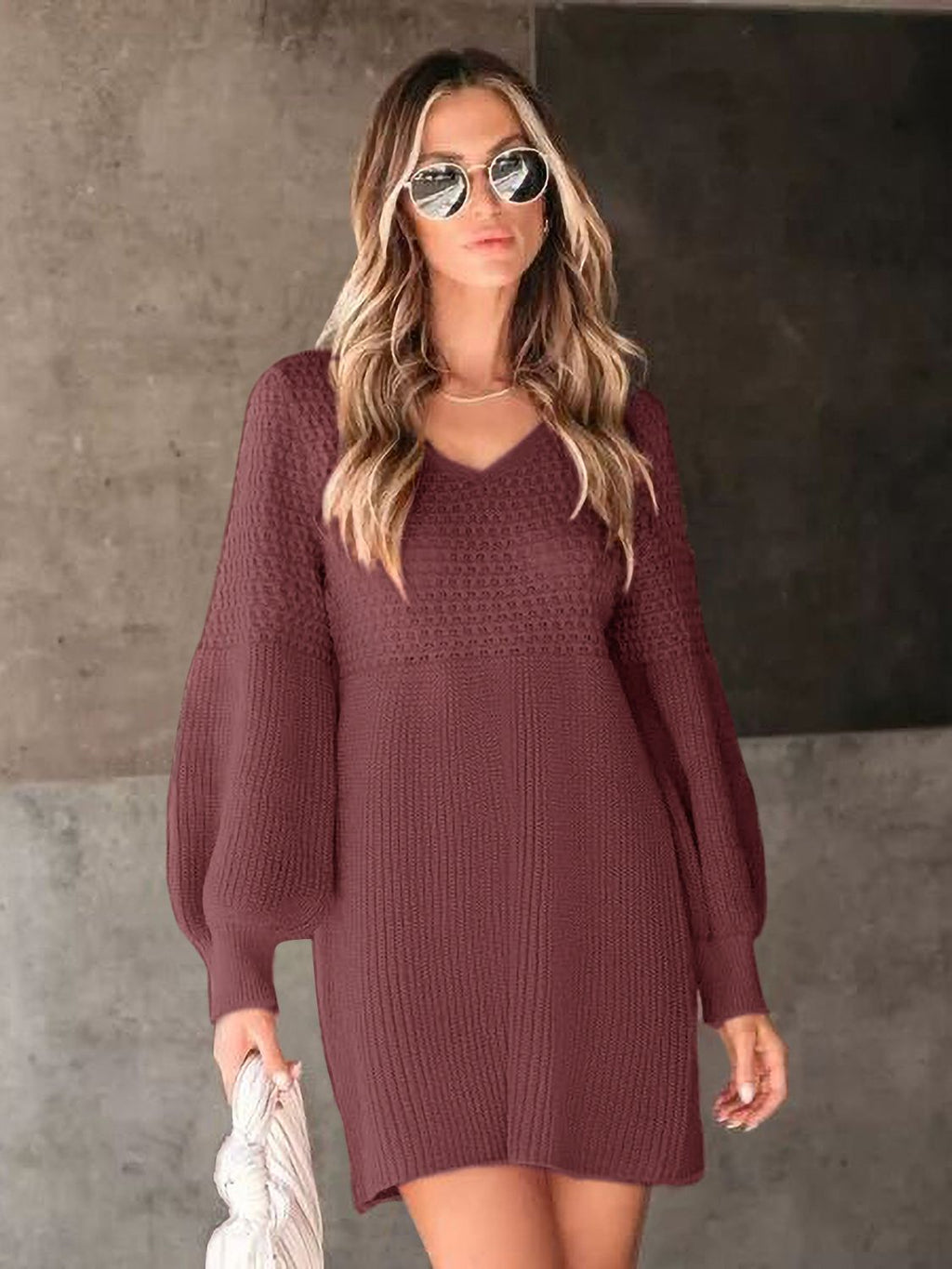 Womens Perfee V-Neck Long Sleeve Sweater Dress (S,M,L)