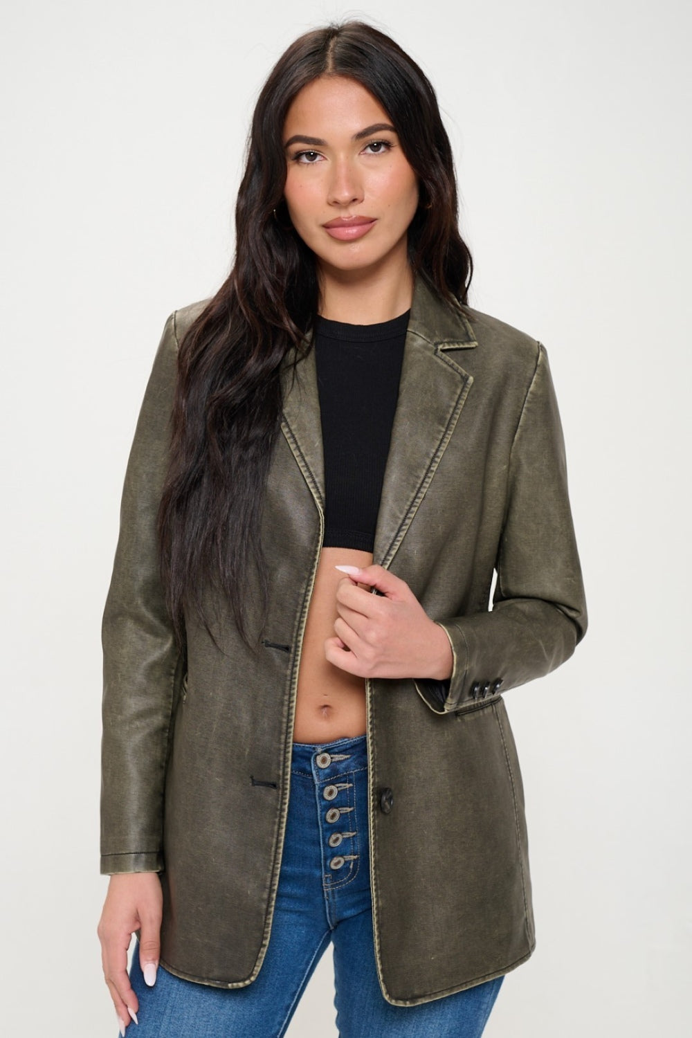 Womens Coalition LA Single-Breasted Vegan Leather Blazer (S-XL)