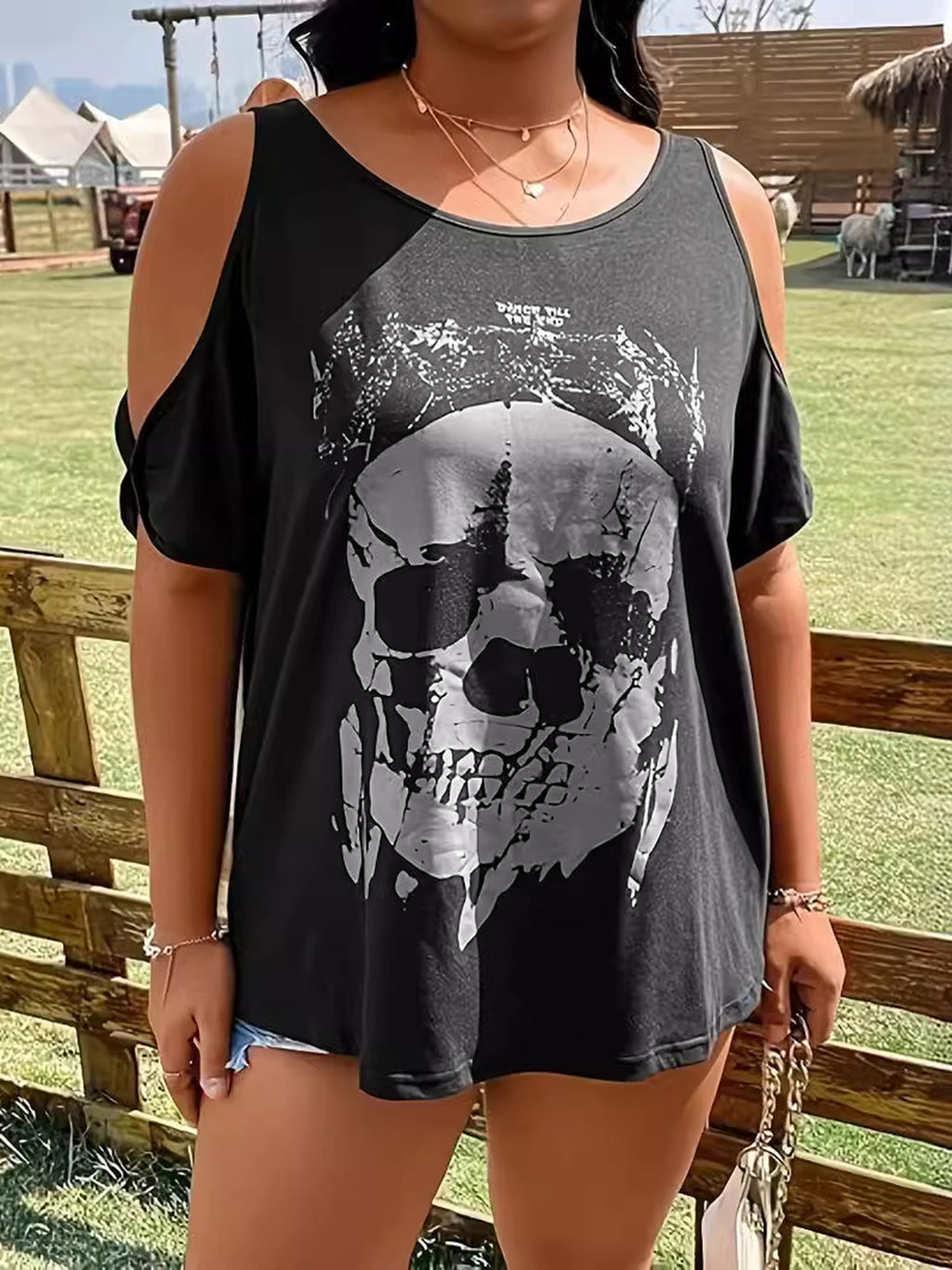 Womens Plus Size Skeleton Graphic Round Neck Cold Shoulder T-Shirt (1XL-5XL)