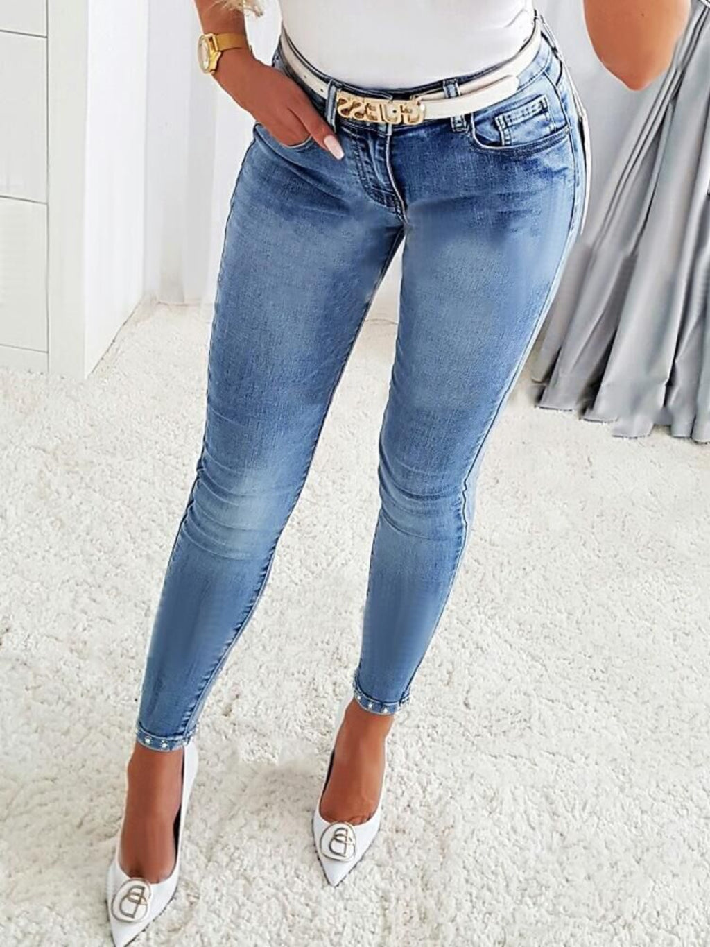 Womens Rhinestone Skinny Jeans with Pockets (Size S-XL)