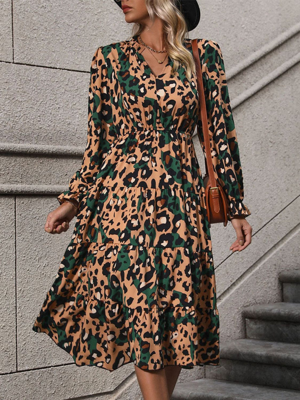 Womens Leopard Notched Flounce Sleeve Midi Dress (S-XL)