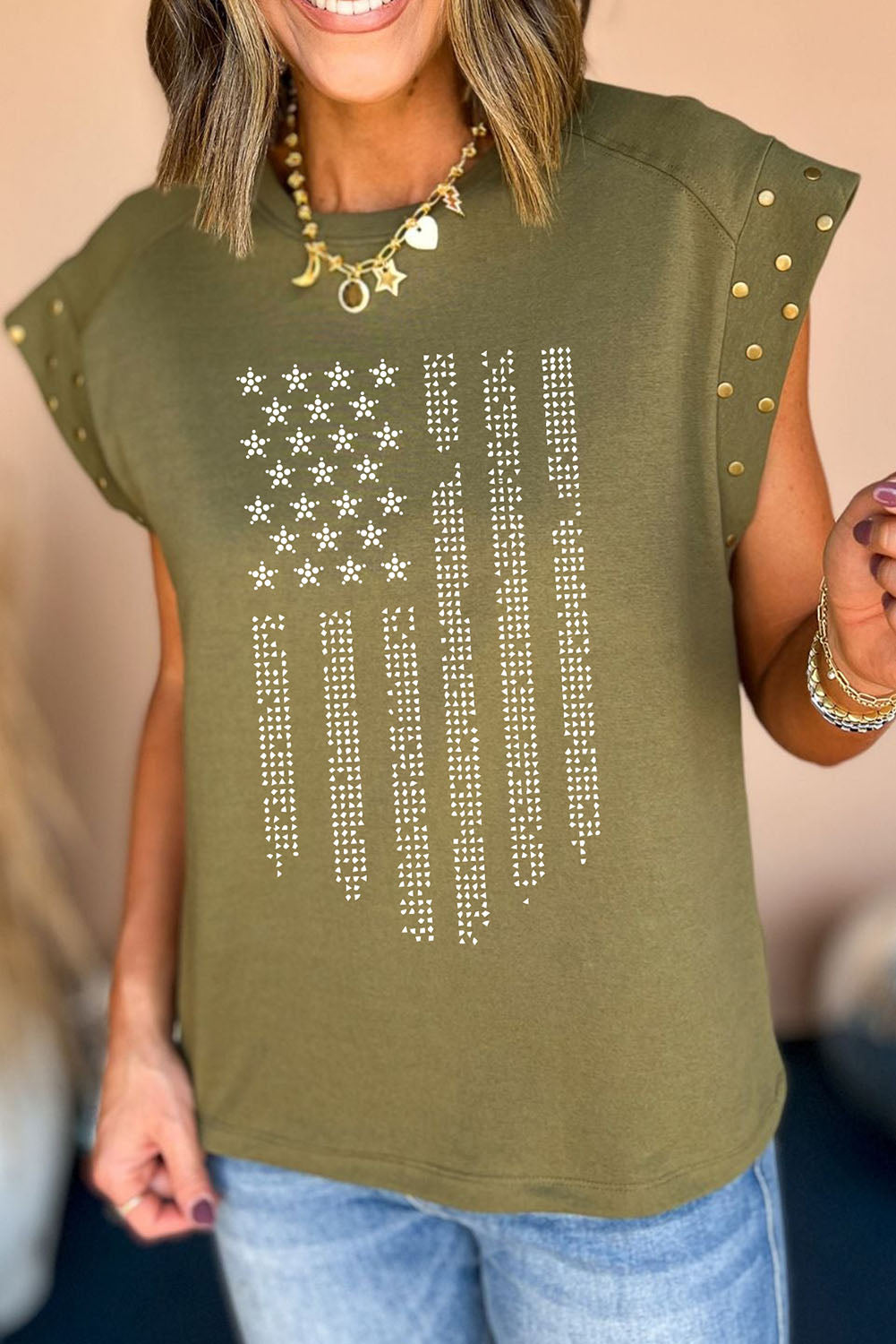 Womens Rhinestone US Flag Round Neck Cap Sleeve T-Shirt (S-XL)