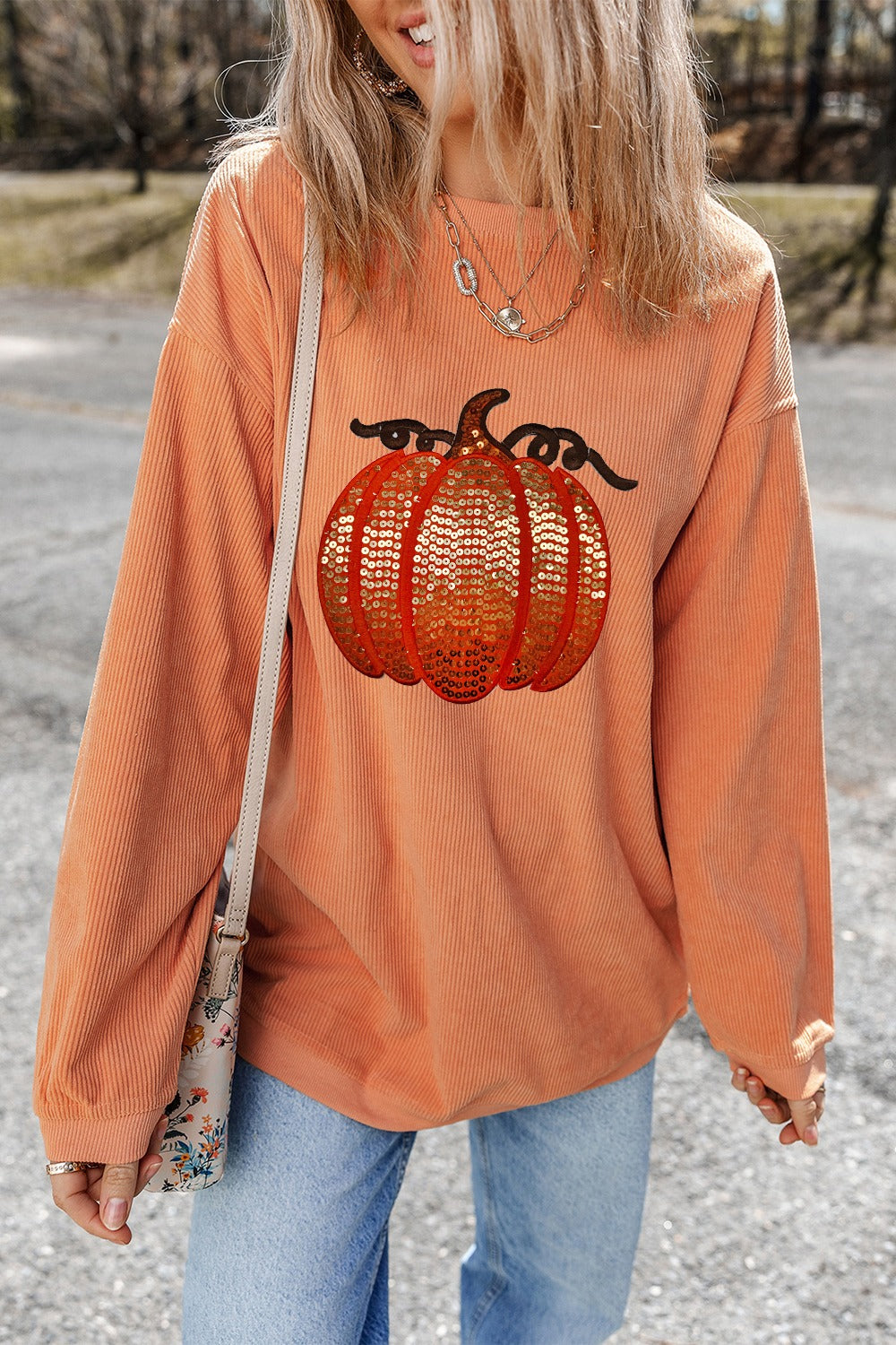 Womens Sequin Pumpkin Round Neck Long Sleeve Sweatshirt (S-2XL)