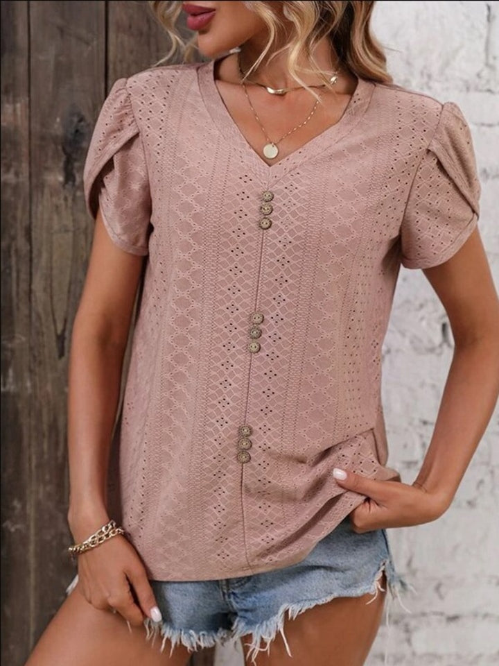 Womens Eyelet V-Neck Petal Sleeve Top (S-XL)