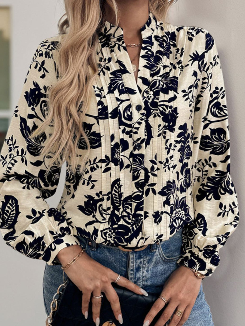 Womens Perfee Printed Notched Long Sleeve Shirt (S-XL)