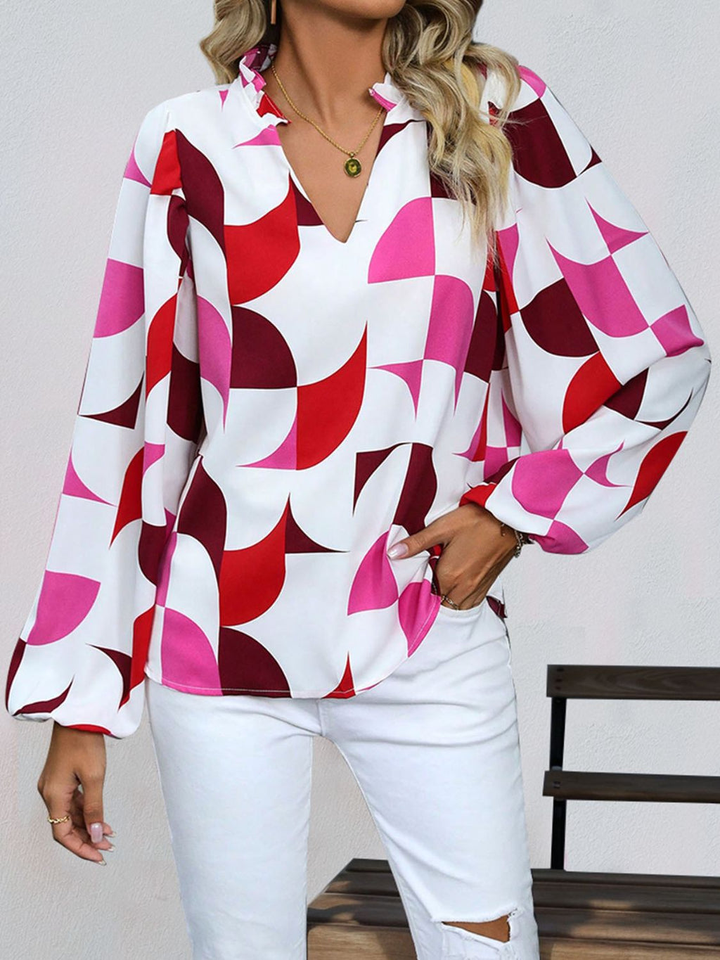 Womens Frill Notched Long Sleeve Blouse (S-XL)