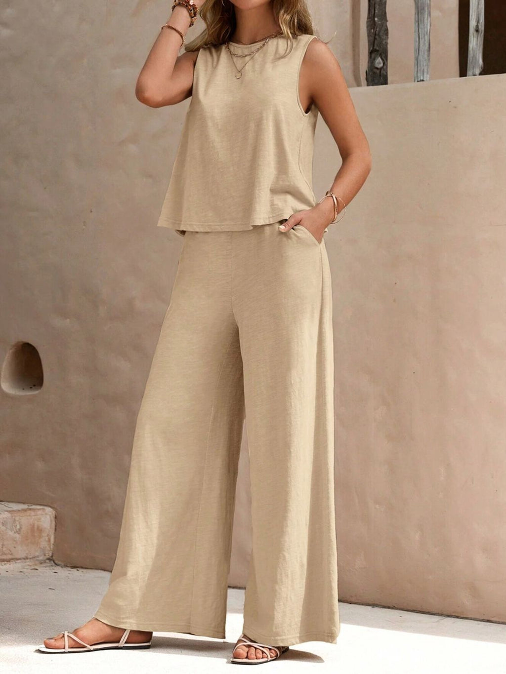 Womens Round Neck Sleeveless Top and Wide Leg Pants Set (S-2XL)