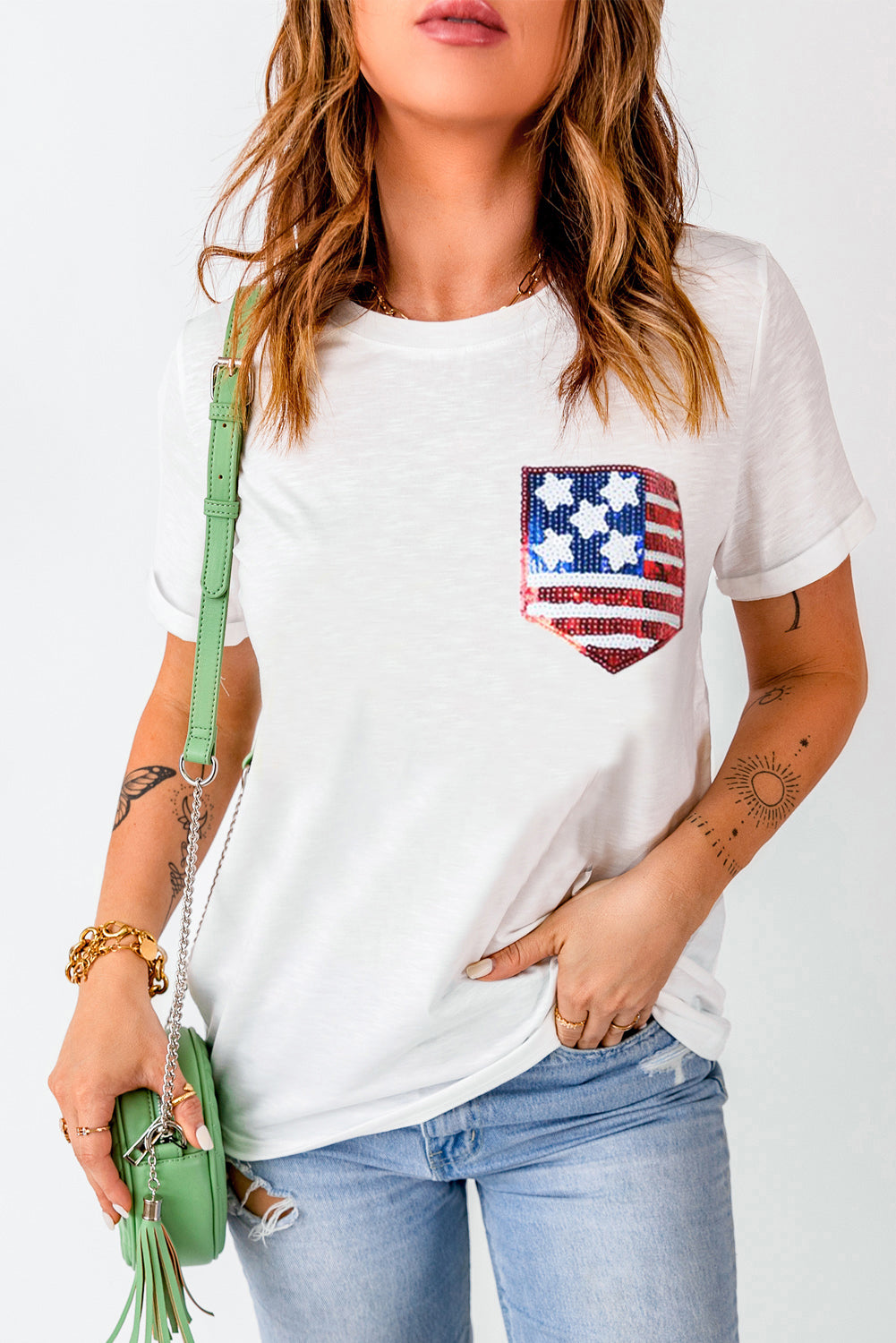 Womens US Flag Round Neck Short Sleeve T-Shirt (S-2XL)