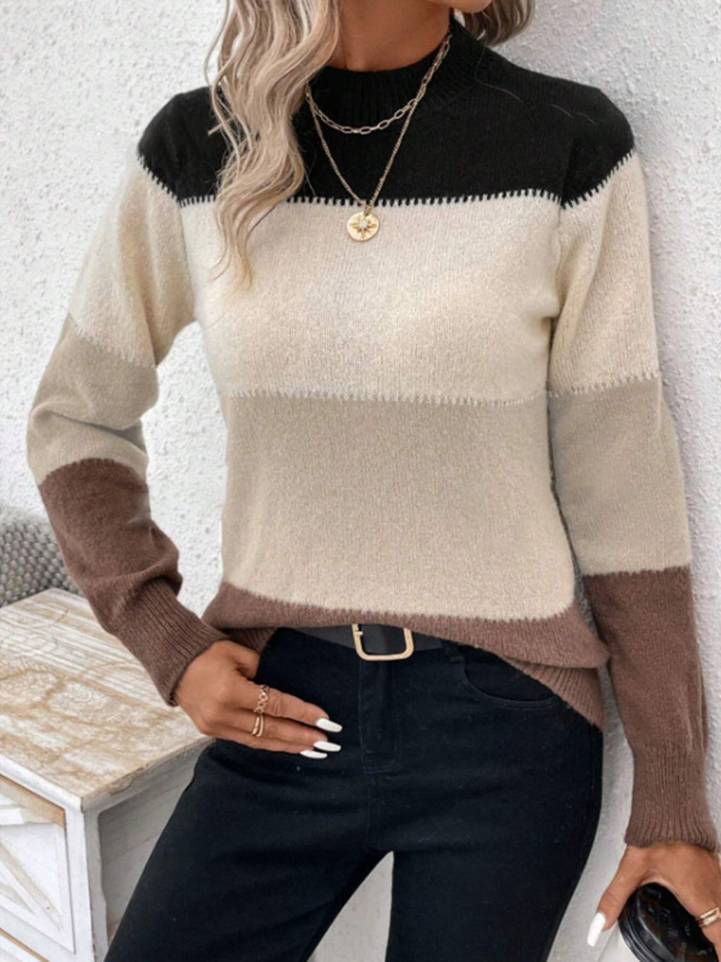 Womens Color Block Mock Neck Long Sleeve Sweater (S-XL)