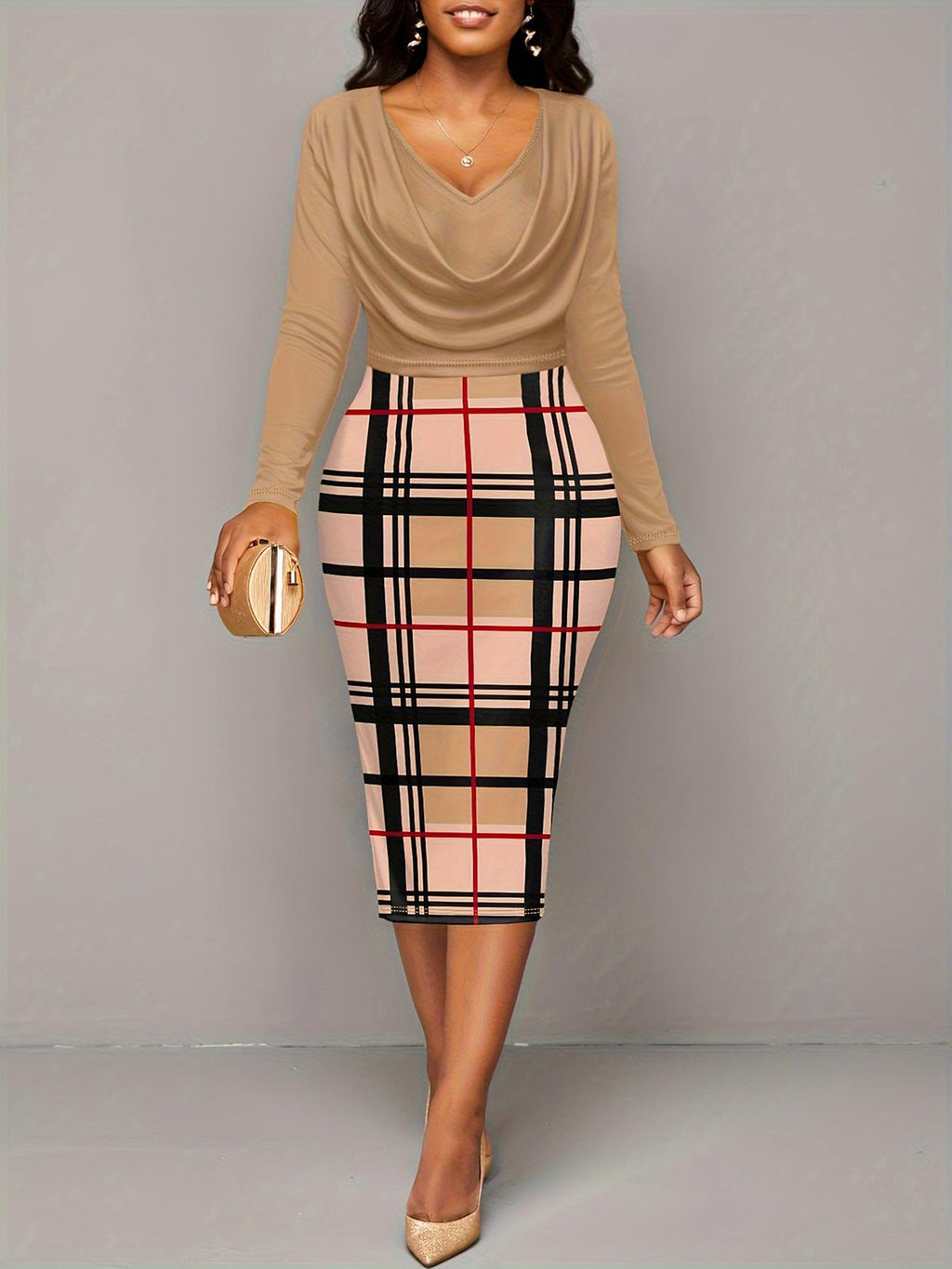 Womens Plus Size Plaid Long Sleeve Midi Dress (1XL-3XL)