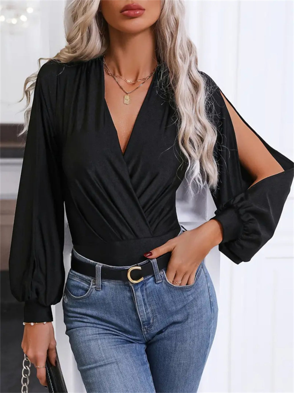 Womens Surplice Slit Long Sleeve Bodysuit (S-2XL)