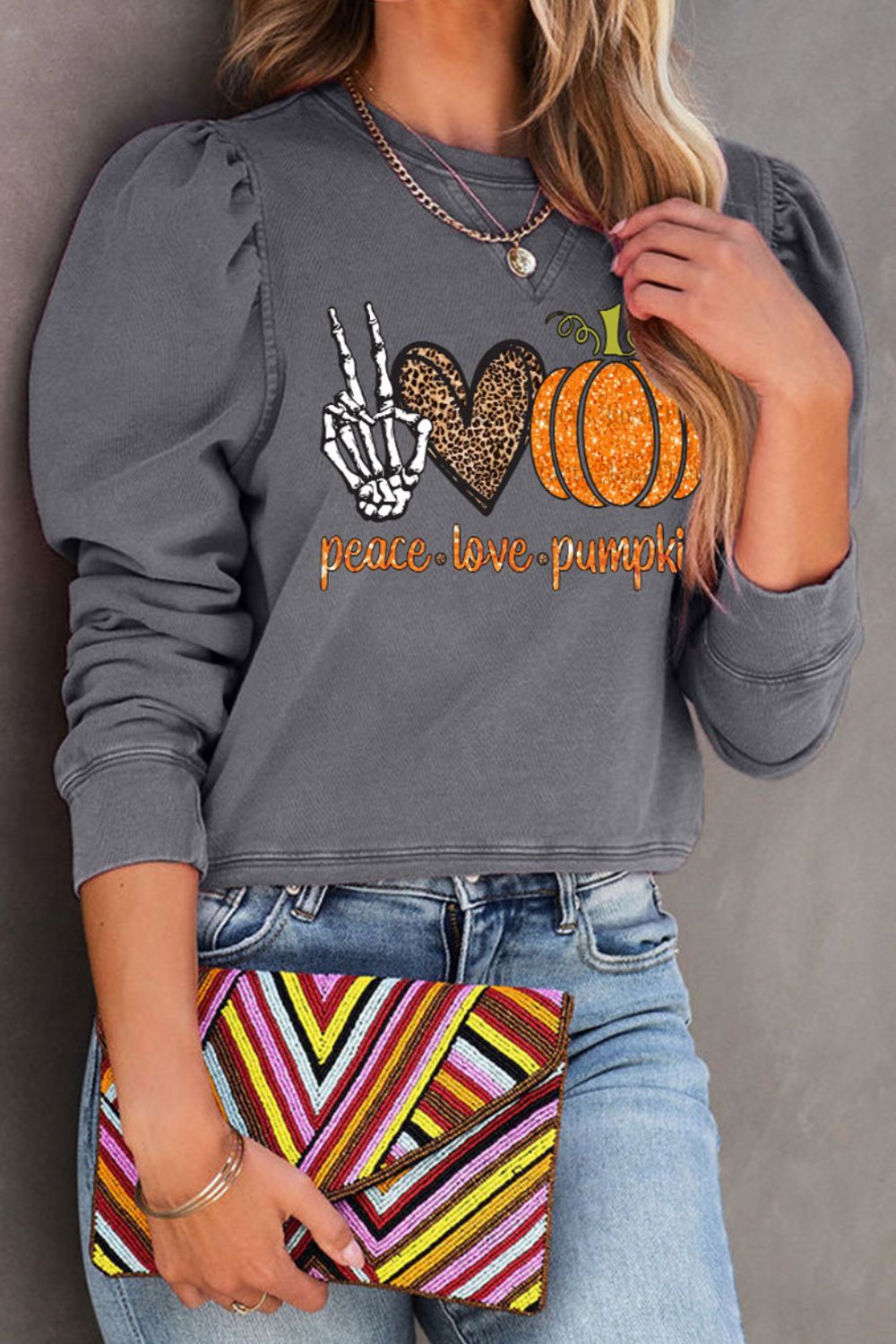 Womens PEACE LOVE PUMPKIN Graphic Puff Sleeve Sweatshirt (S-2XL)