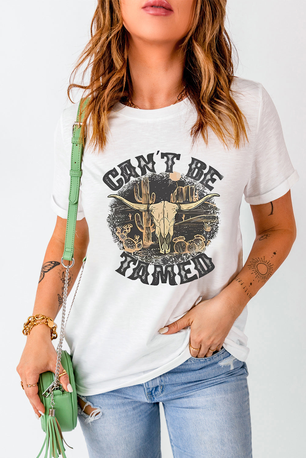 Womens Can't Be Tamed Graphic Round Neck Short Sleeve T-Shirt (S-2XL)