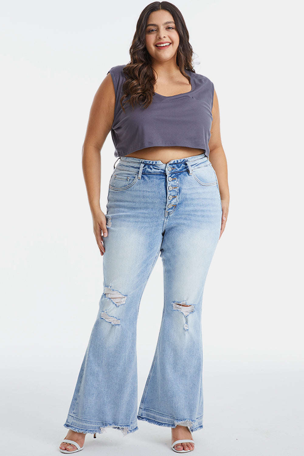 Womens Teens BAYEAS Full Size Distressed Raw Hem High Waist Flare Jeans (Size 0-22W)