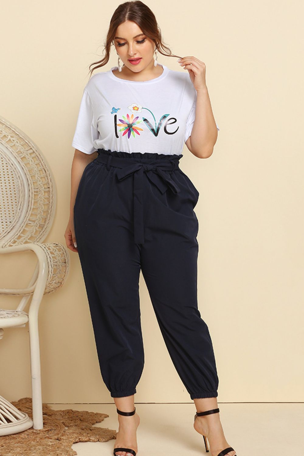 Womens Graphic Tee & Belted Paperbag Joggers Set (XL, 2XL-4XL)