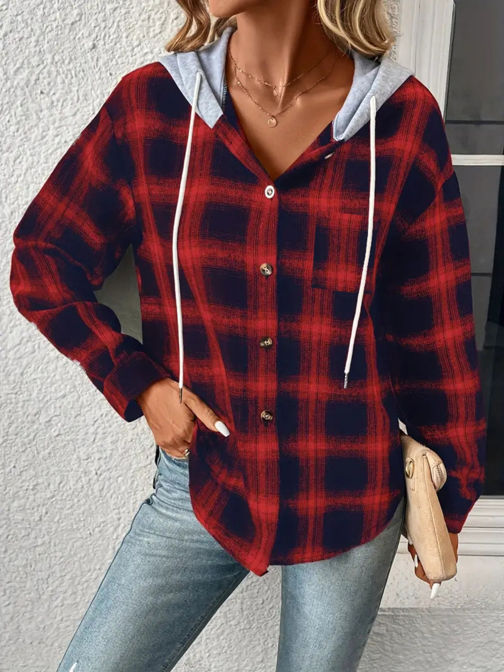 Womens Plaid Drawstring Button Up Hooded Jacket (S-XL)