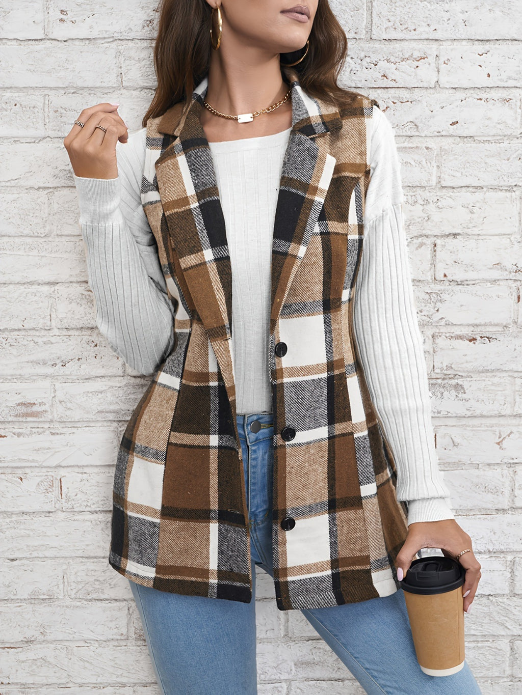 Womens Plaid Button Down Vest Coat (S-XL)