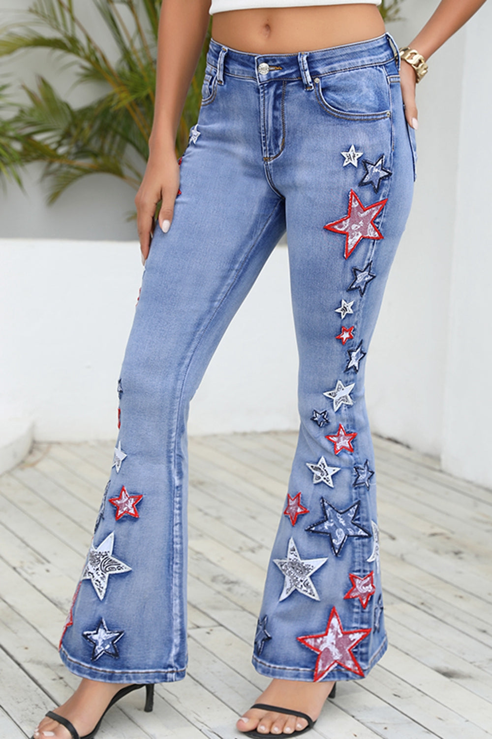 Womens Teens Full Size Star Applique Wide Leg Jeans (Size S-4XL)