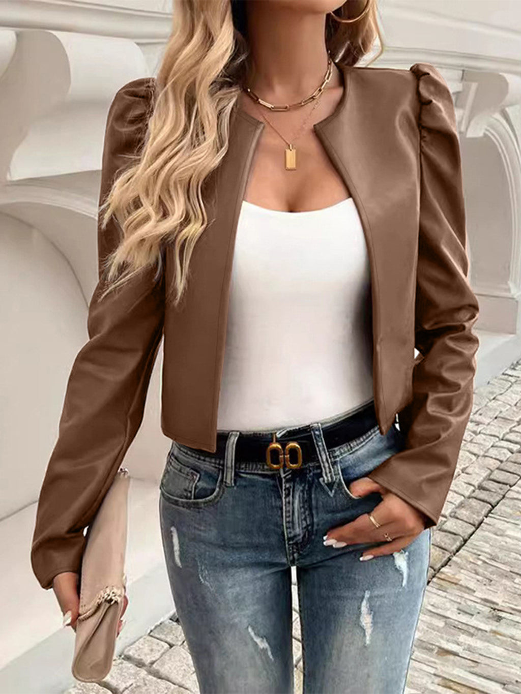 Womens PU Leather Open Front Puff Sleeve Jacket (S-XL)