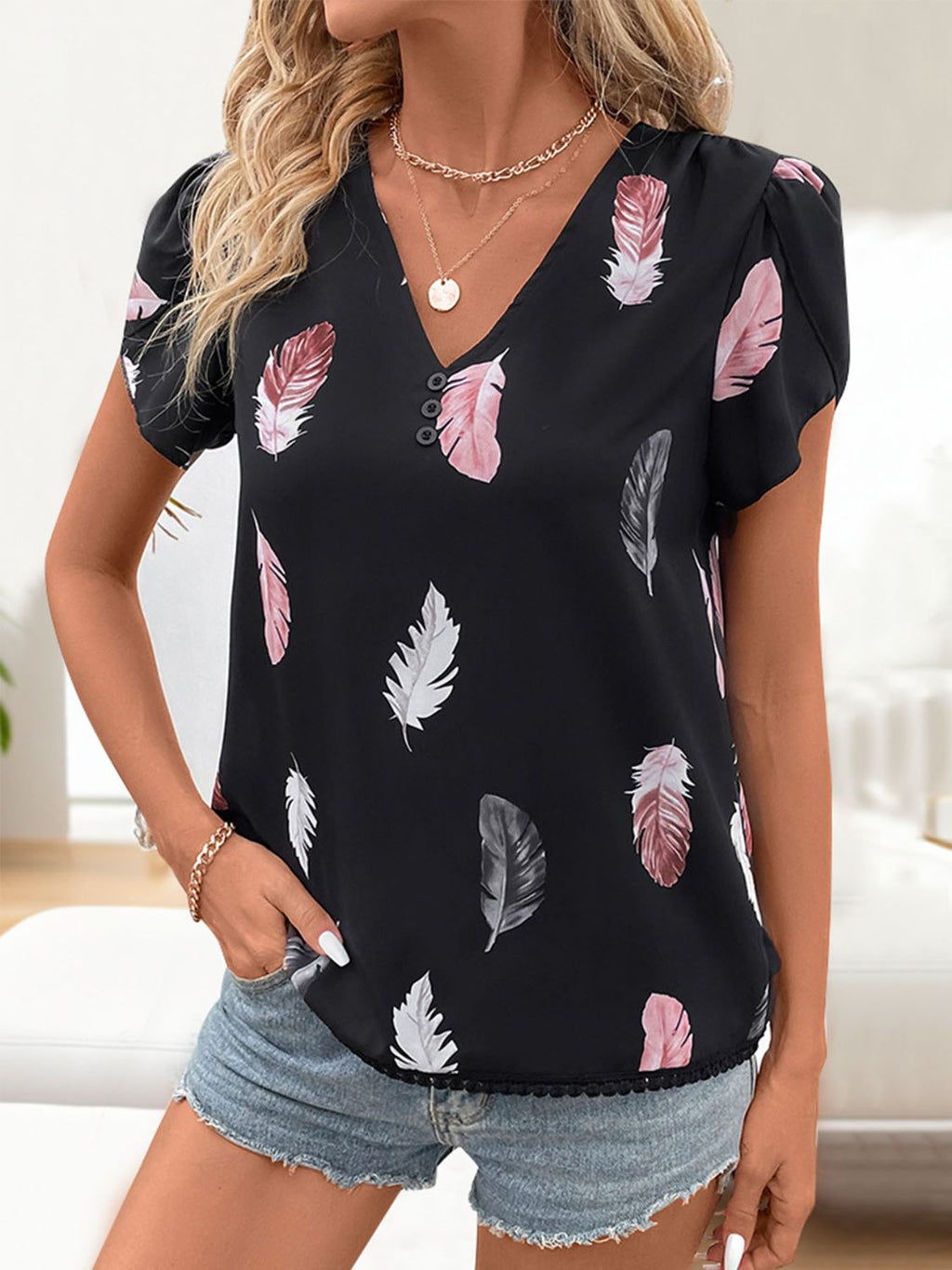 Womens Printed V-Neck Short Sleeve Blouse (S-XL)