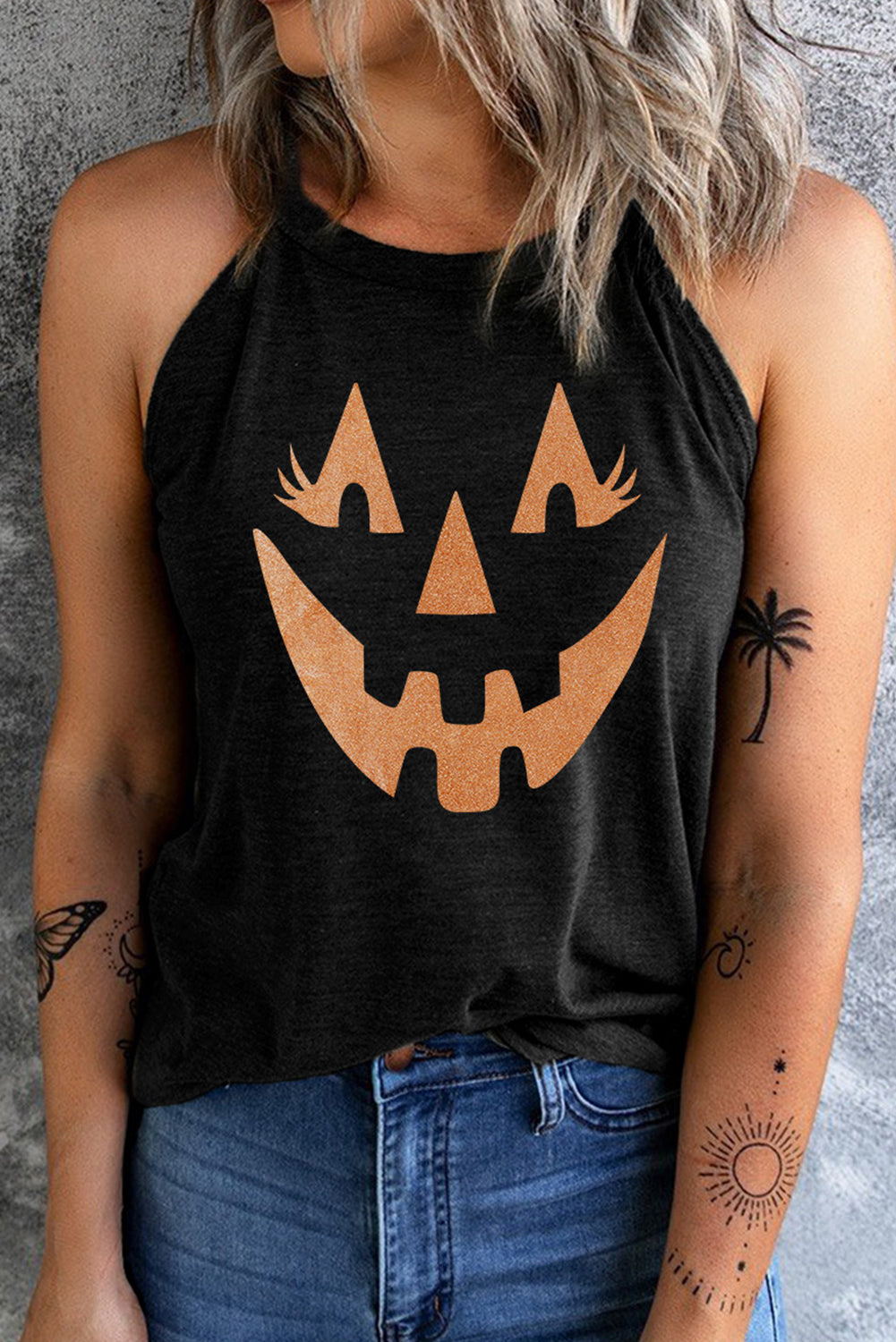 Womens Round Neck Jack-O'-Lantern Graphic Tank Top (S-2XL)