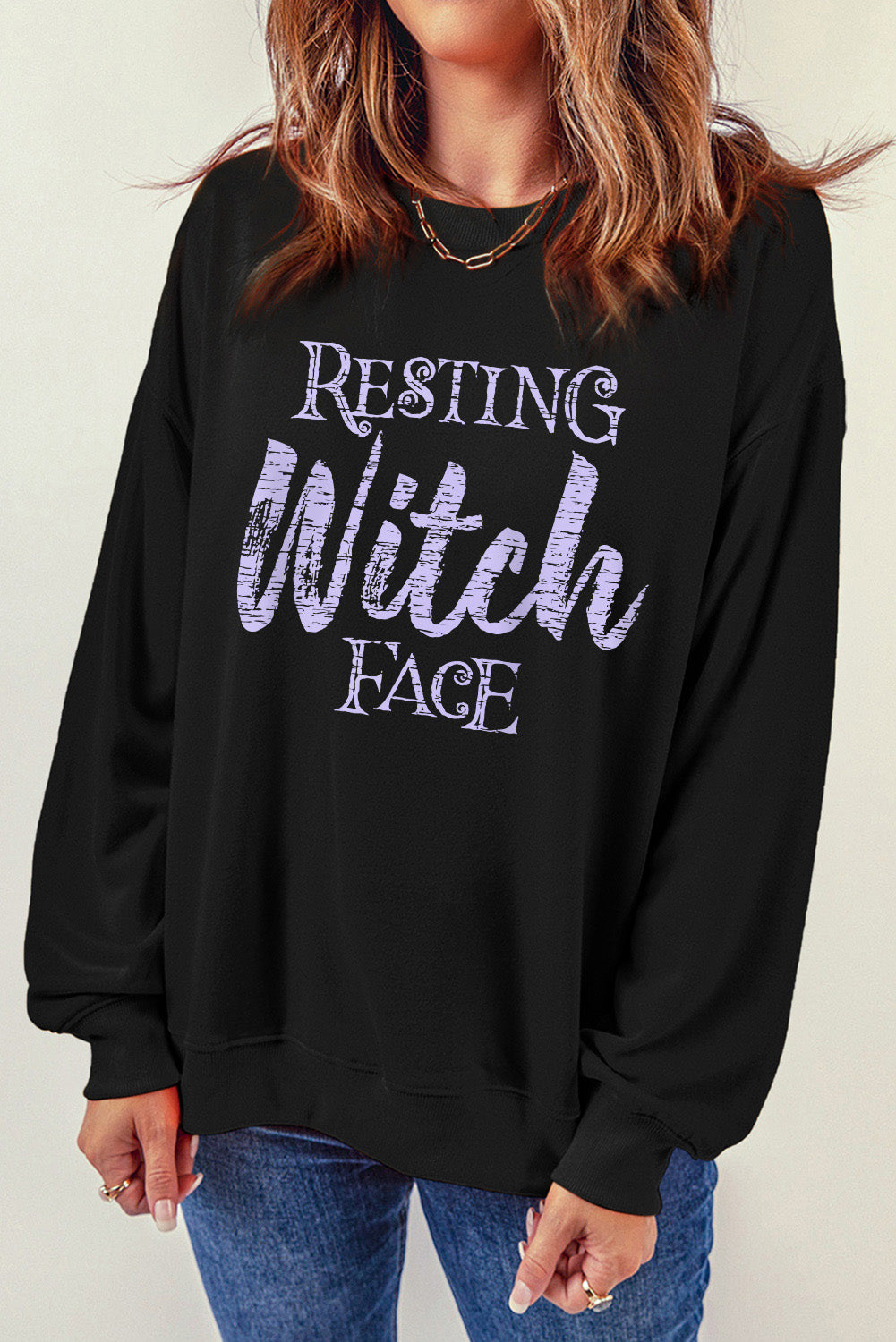 Womens Round Neck Long Sleeve RESTING WITCH FACE Graphic Sweatshirt (S-2XL)