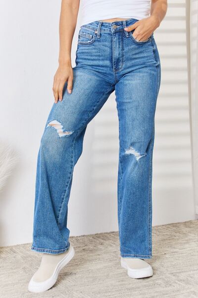 Womens Judy Blue Full Size High Waist Distressed Straight-Leg Jeans (Size 0-24W)