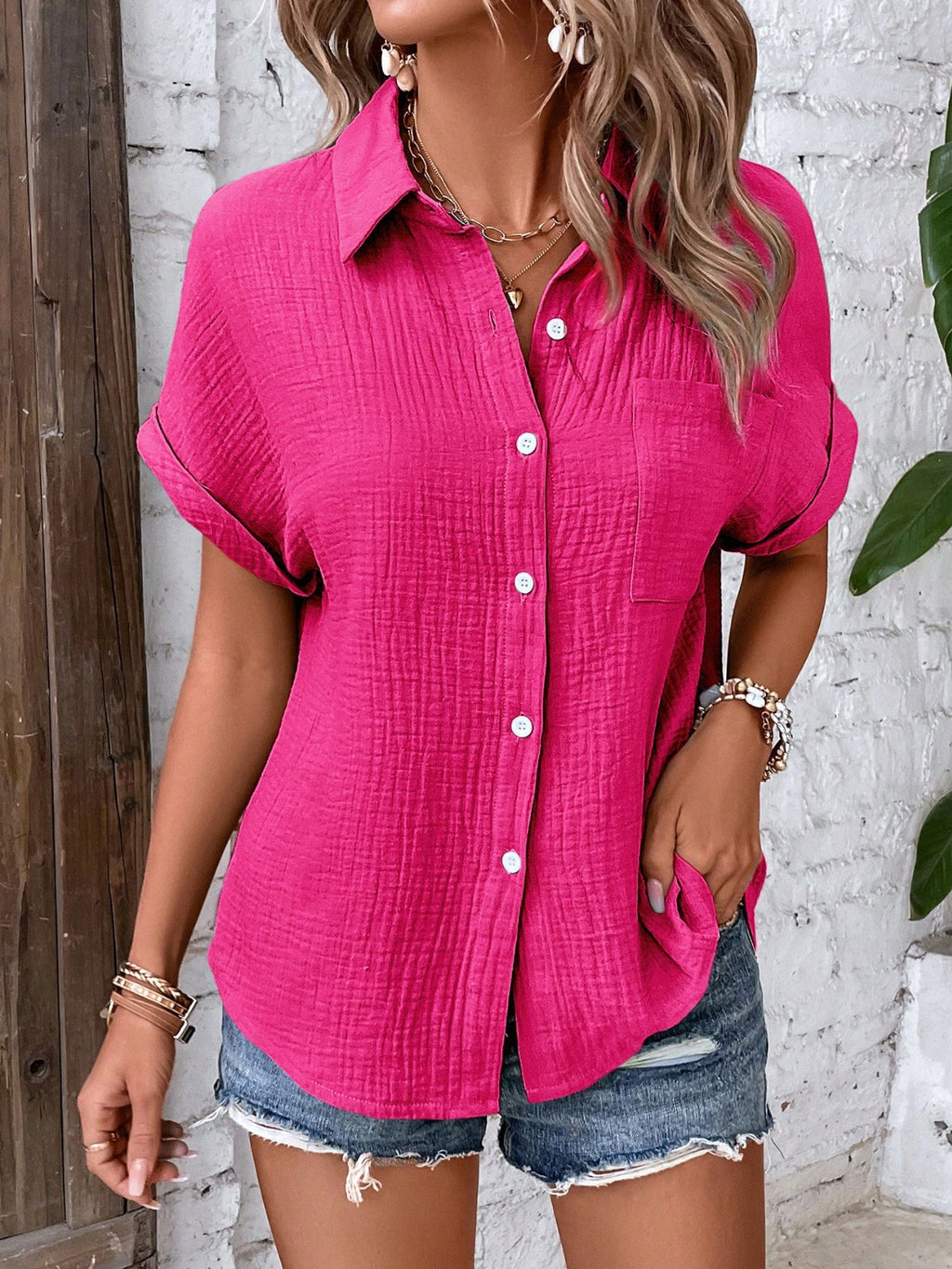Womens Textured Button Up Short Sleeve Shirt (S-XL)